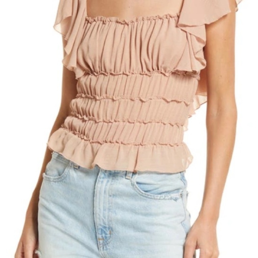 Free People Juliet Ruffle Bodysuit Pink Flutter Sleeve Smocked Sz.XS